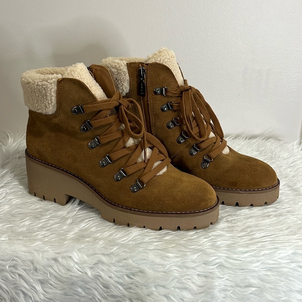 Blondo Brown Suede Shearling-Lined Ankle Booties
